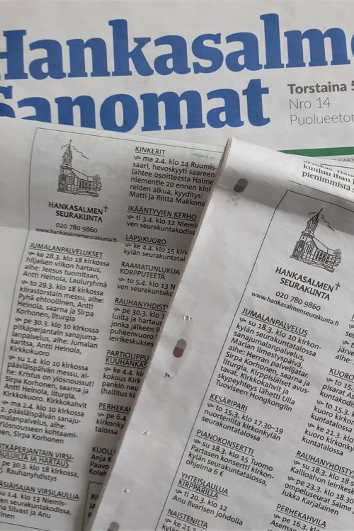 Hankasalmen Sanomissa ilmestyvät seurakunnan kirkolliset ilmoitukset