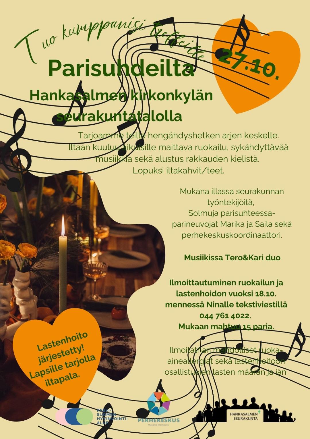 Parisuhdeilta srk-talolla 7.10.2026. Pariskunnat, ilmoittautuminen, lastenvahti ja tarjoilua