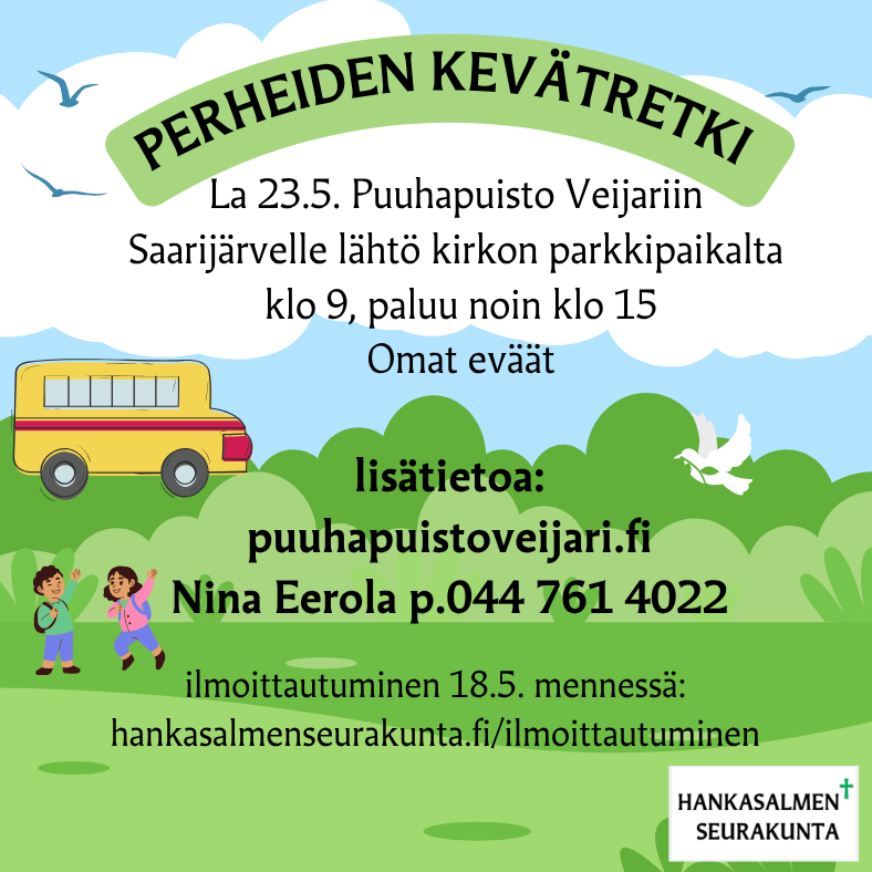 mainoskuva perheretkestä, kuvassa lapsia ja linja-auto, sekä tekstiä